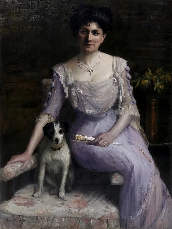 Ritratto di Mabel St. John Mildmay seduta con un ventaglio accanto al suo cane